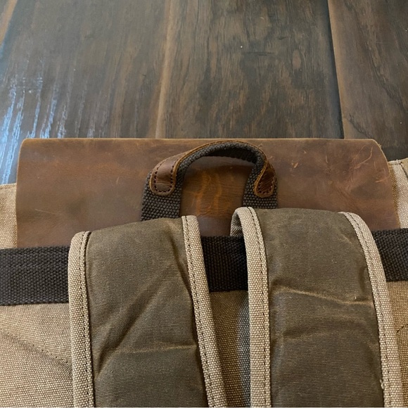 NWT District Fly Brown Leather Fabric Mix Humanely Produced Travelers Backpack - Picture 13 of 14